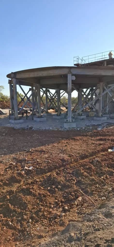 Circular tank foundation under construction on concrete piers