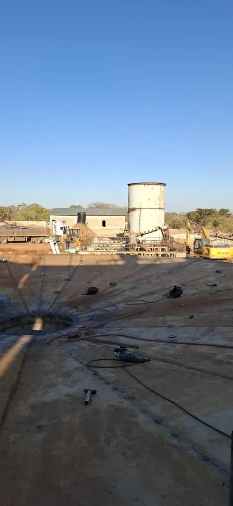 Elevated view of the tank foundation and mill circuit