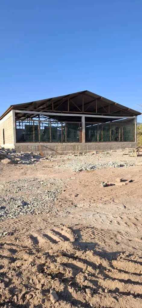 Nearly finished plant building with wire mesh windows