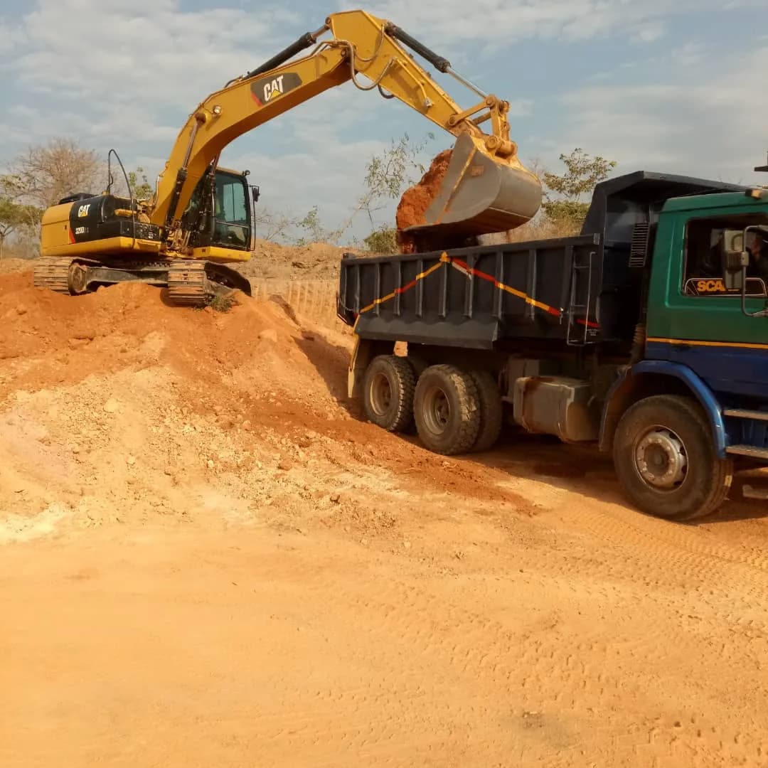 CAT excavator loading a dump truck with earth