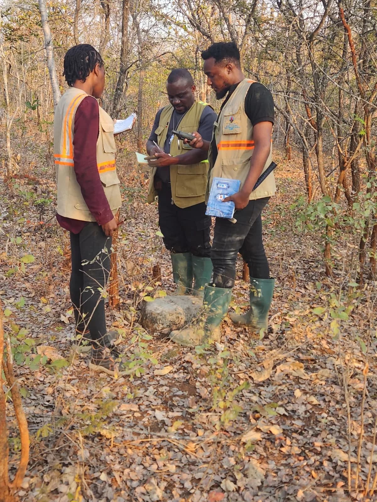 Exploration team discussing field findings around a rock sample